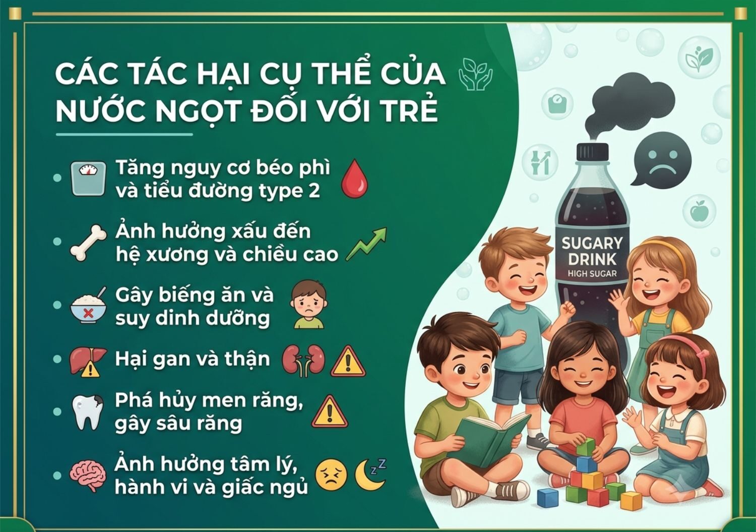 Tổng hợp 6 tác hại nghiêm trọng của nước ngọt đối với sức khỏe thể chất, hệ xương răng và sự phát triển tâm lý hành vi ở trẻ nhỏ.