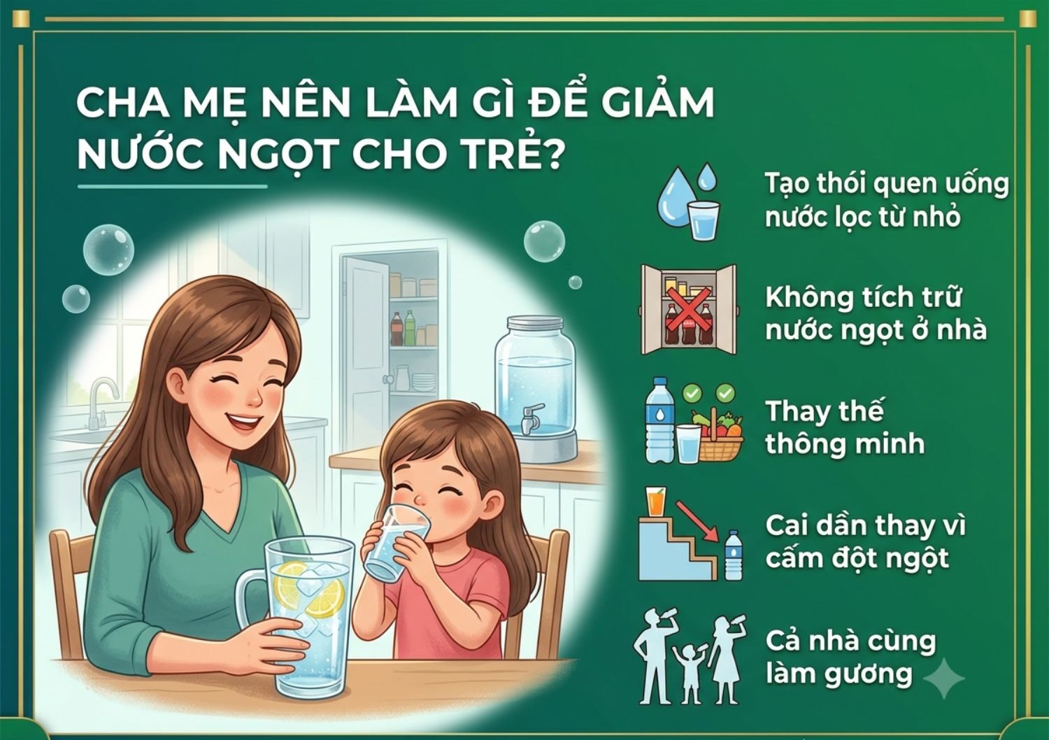 Các giải pháp khoa học giúp cha mẹ từng bước thay đổi thói quen, cắt giảm lượng nước ngọt tiêu thụ hàng ngày để bảo vệ sức khỏe cho con.