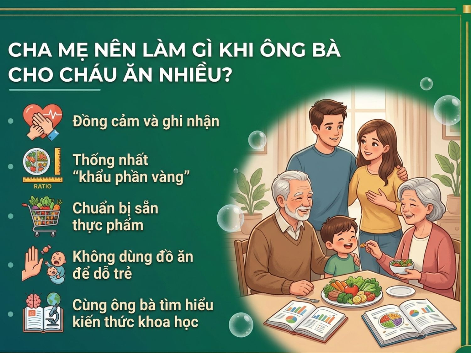 Bố mẹ nên chia sẻ với ông bà và chuẩn bị sẵn thực phẩm cho trẻ