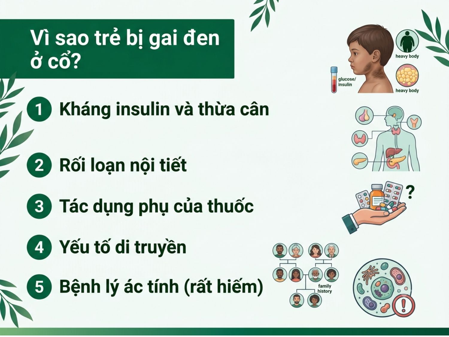 Hình ảnh sơ đồ tổng hợp 5 nguyên nhân khiến trẻ bị bệnh gai đen ở cổ, bao gồm tình trạng kháng insulin do thừa cân béo phì, rối loạn nội tiết và các yếu tố nguy cơ khác.