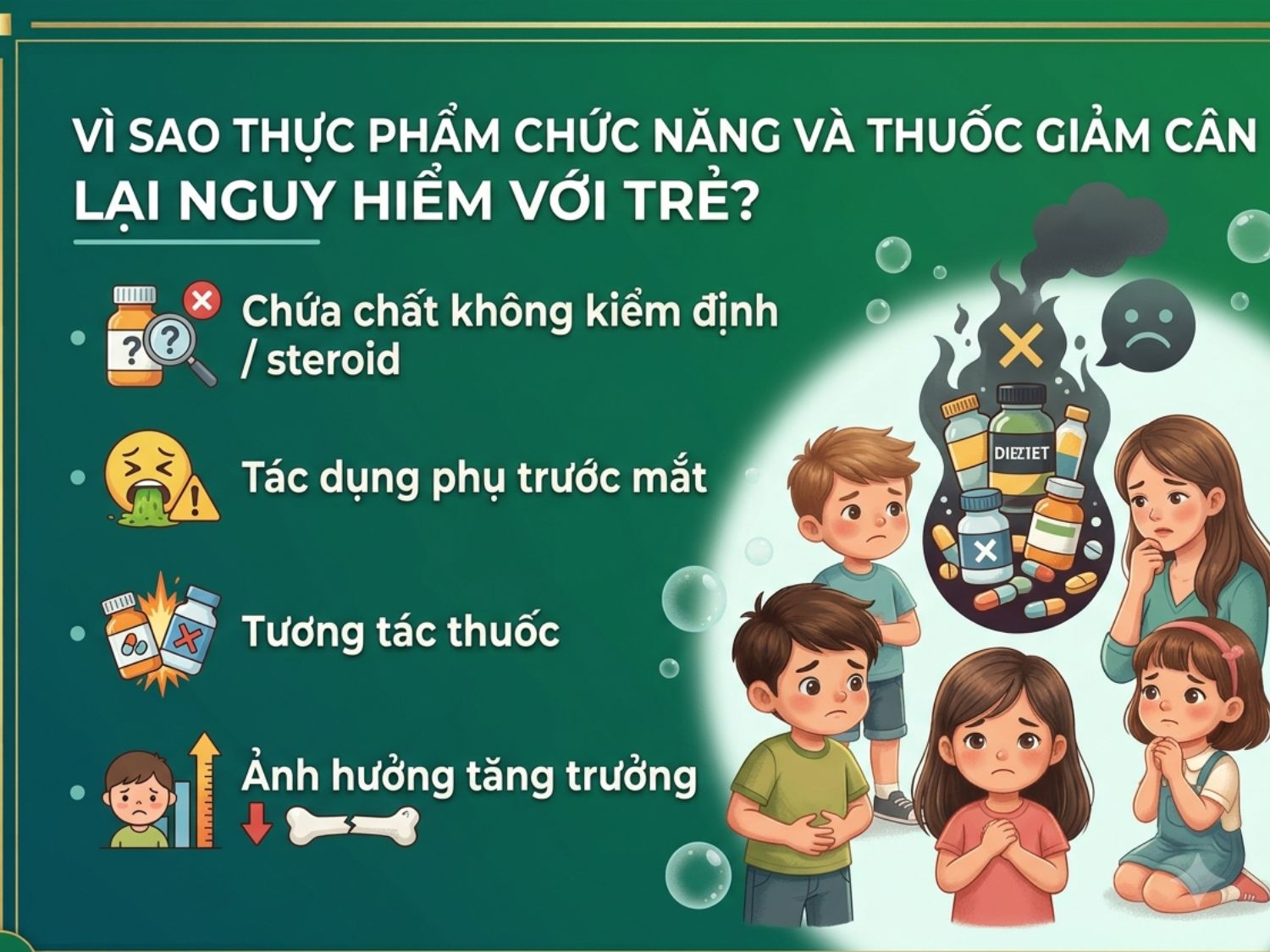 các nguyên nhân khiến thực phẩm chức năng và thuốc giảm cân trở thành mối đe dọa đối với sự phát triển của trẻ em.