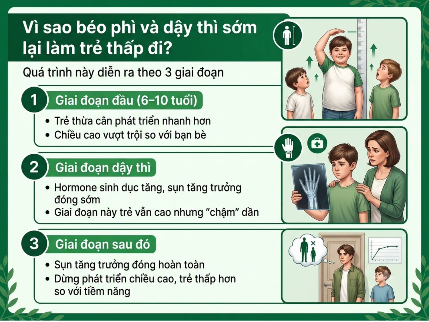 Phát triển sớm ở tuổi 6-10, sụn tăng trưởng đóng sớm ở tuổi dậy thì, và dừng phát triển chiều cao ở giai đoạn sau đó.