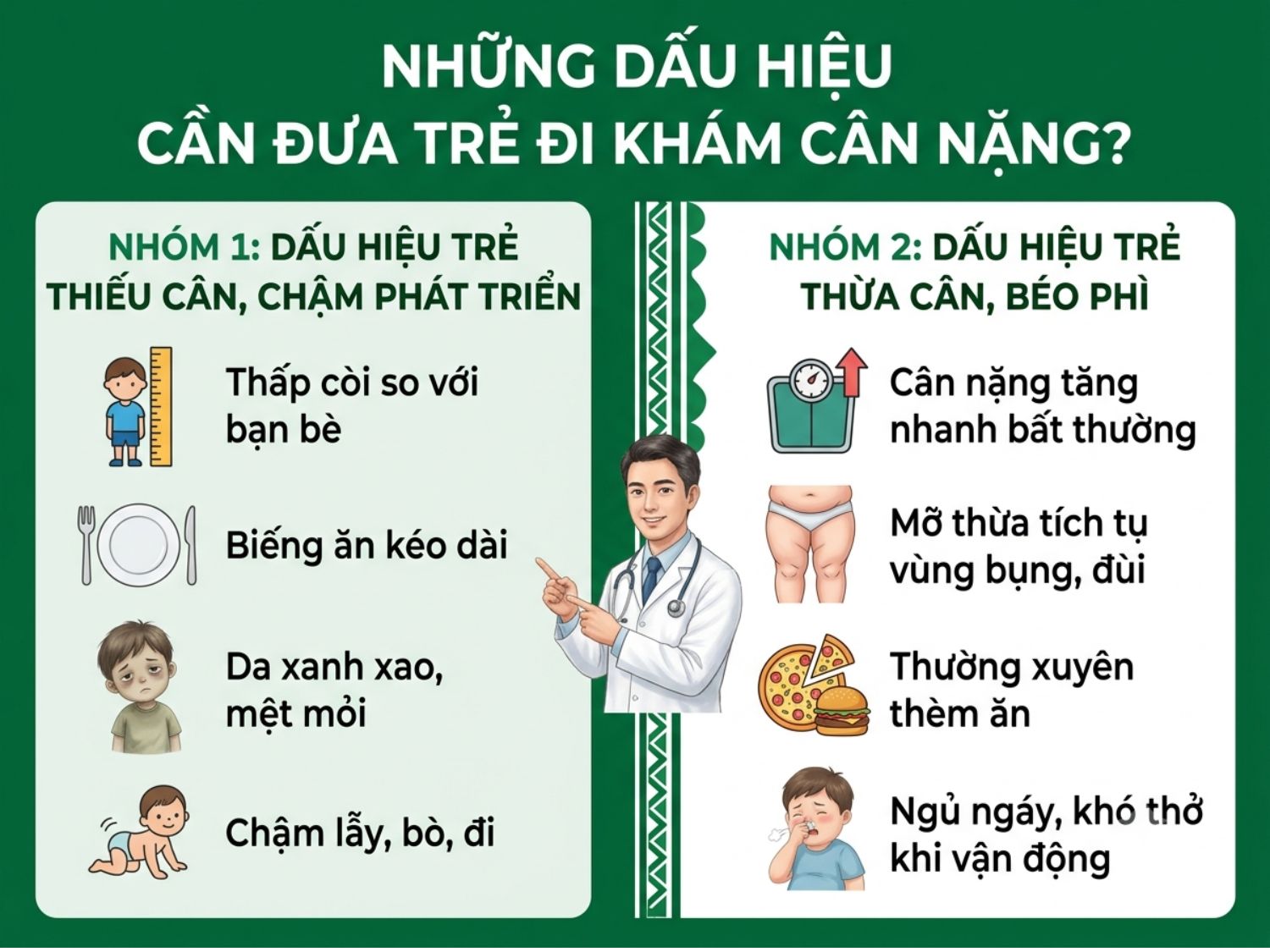 Trẻ có dấu hiệu thấp còi hoặc thừa cân thì nên đưa trẻ đi thăm khám