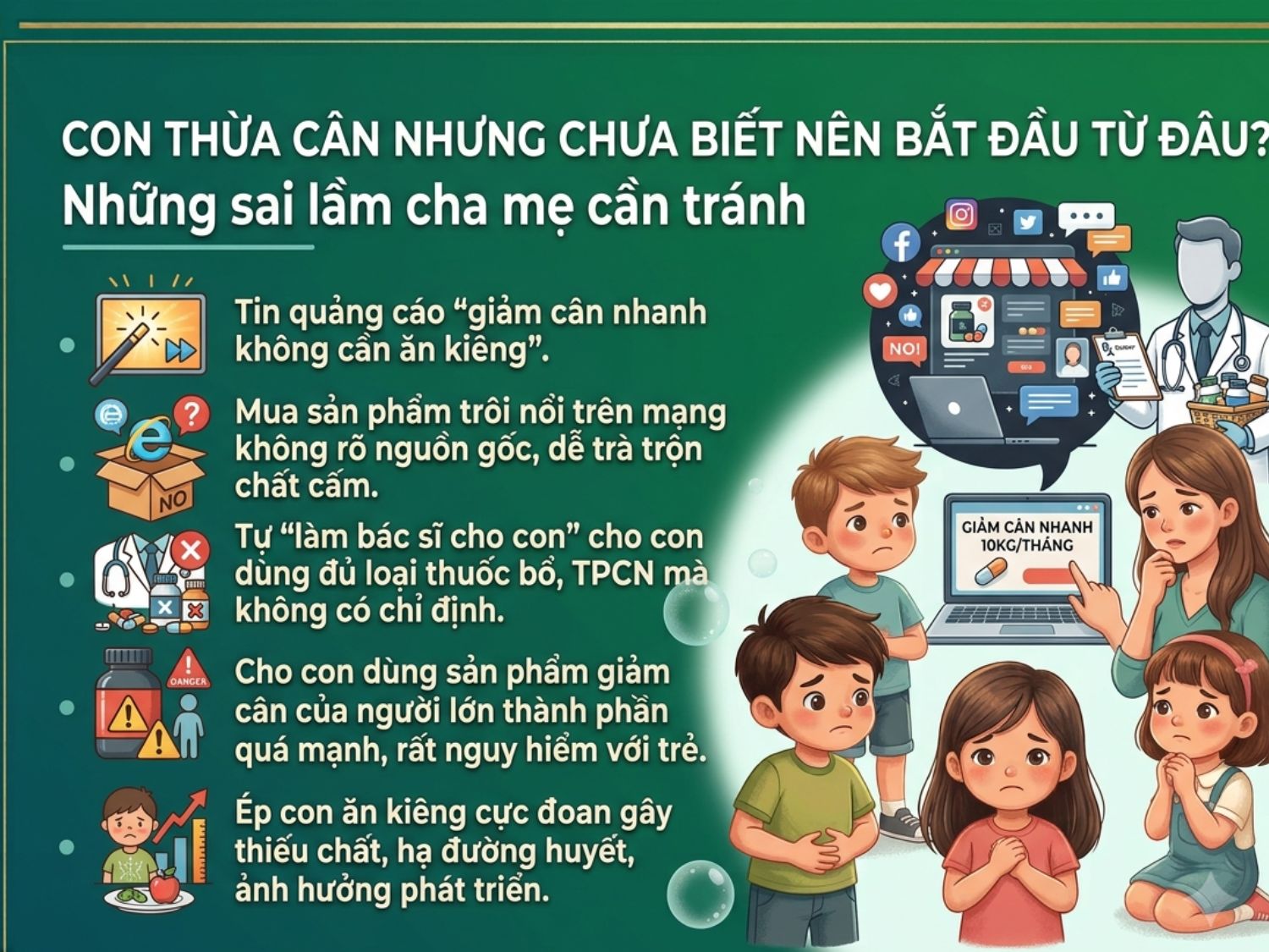 Hình ảnh chỉ rõ rủi ro khi cha mẹ tin vào quảng cáo giảm cân siêu tốc, lạm dụng thực phẩm chức năng hoặc thuốc của người lớn cho trẻ