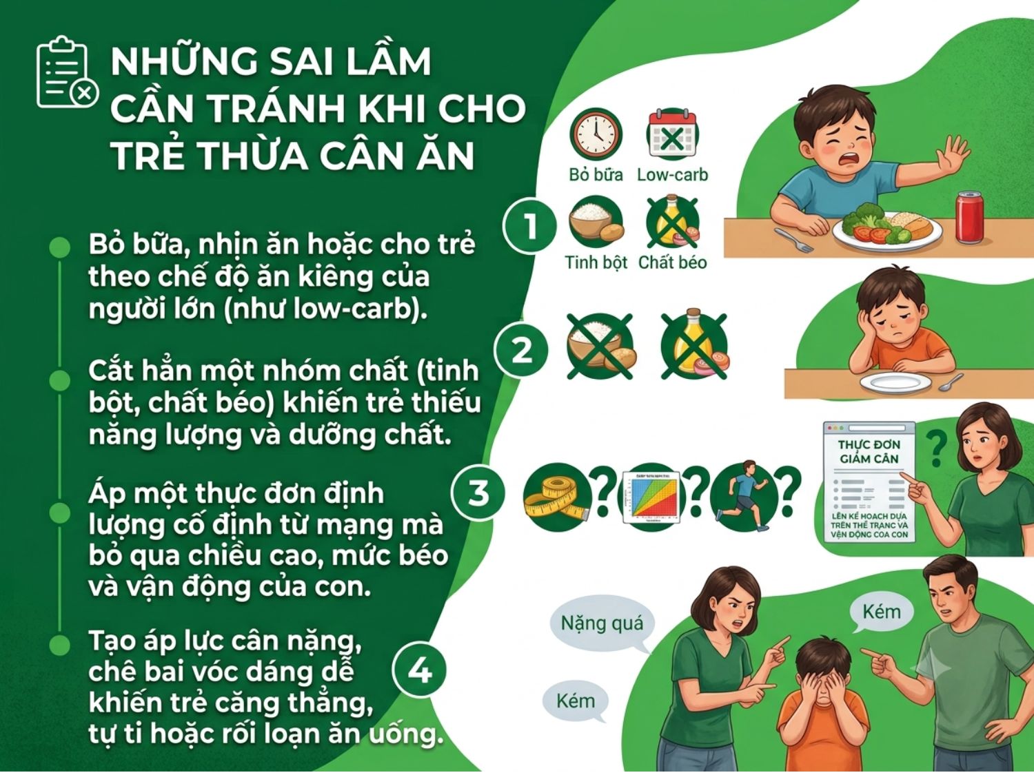 Không nên cho trẻ nhịn ăn, cắt các nhóm chất hoặc tạo áp lực giảm cân cho trẻ