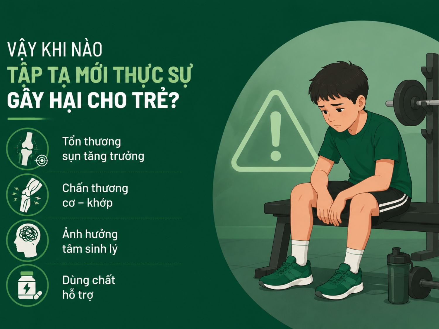 Tập tạ không mặc định gây hại cho trẻ. Nguy cơ thường xuất hiện khi tập sai kỹ thuật, nâng tạ quá sức, thiếu giám sát hoặc sử dụng các chất hỗ trợ không an toàn, làm tăng nguy cơ chấn thương và ảnh hưởng đến sự phát triển. Tổn thương sụn tăng trưởng Chấn thương cơ – khớp Ảnh hưởng tâm sinh lý Dùng chất hỗ trợ