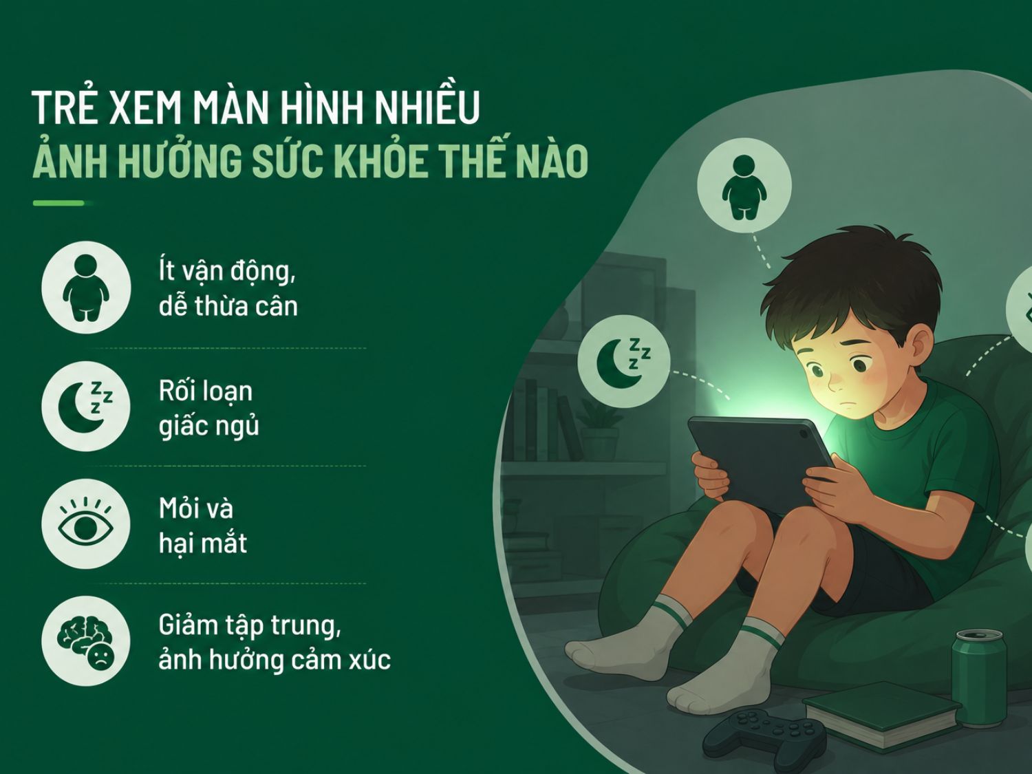 Xem màn hình quá nhiều có thể ảnh hưởng đến sức khỏe thể chất và tinh thần của trẻ, làm tăng nguy cơ thừa cân, rối loạn giấc ngủ, mỏi mắt và giảm khả năng tập trung.