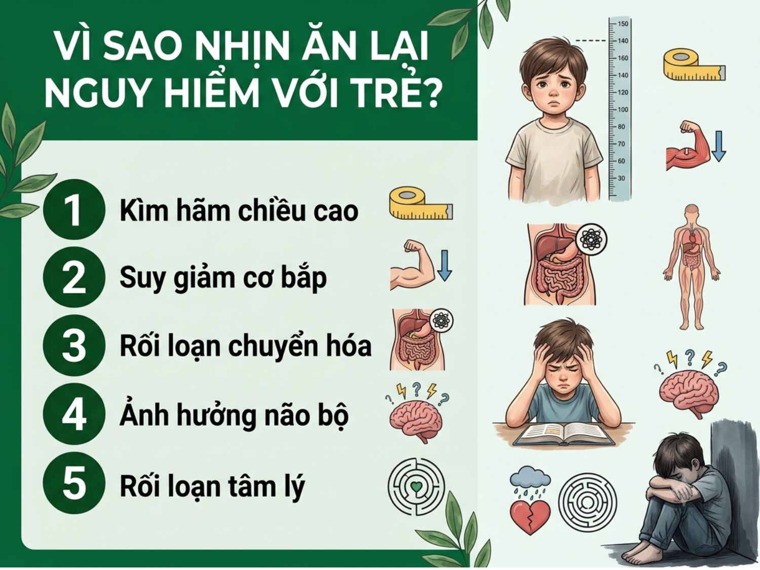 Việc cho trẻ nhịn ăn để giảm cân có thể kìm hãm chiều cao, suy giảm cơ bắp, rối loạn chuyển hóa