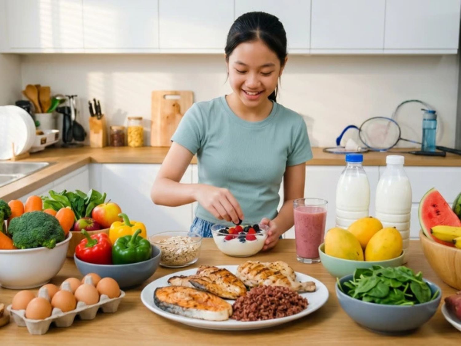 Chế độ ăn cho trẻ dậy thì nên cân đối giữa đạm, rau xanh, trái cây, ngũ cốc và sữa, đồng thời hạn chế thực phẩm nhiều đường, chất béo và năng lượng dư thừa.