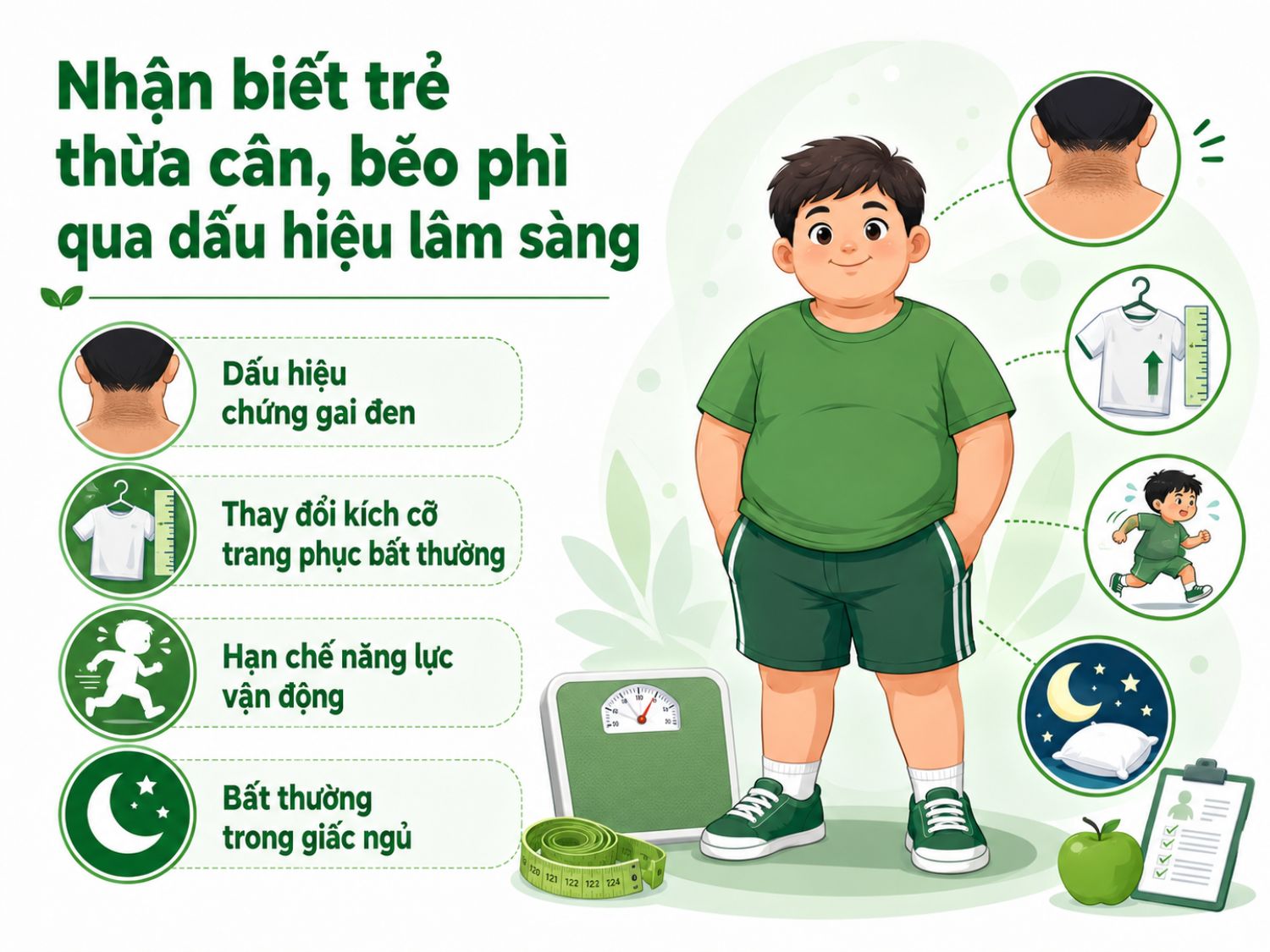 Trẻ thừa cân, béo phì có thể được nhận biết qua một số dấu hiệu lâm sàng như vùng da cổ sẫm màu kiểu gai đen, quần áo chật nhanh bất thường, vận động kém linh hoạt và xuất hiện bất thường trong giấc ngủ.