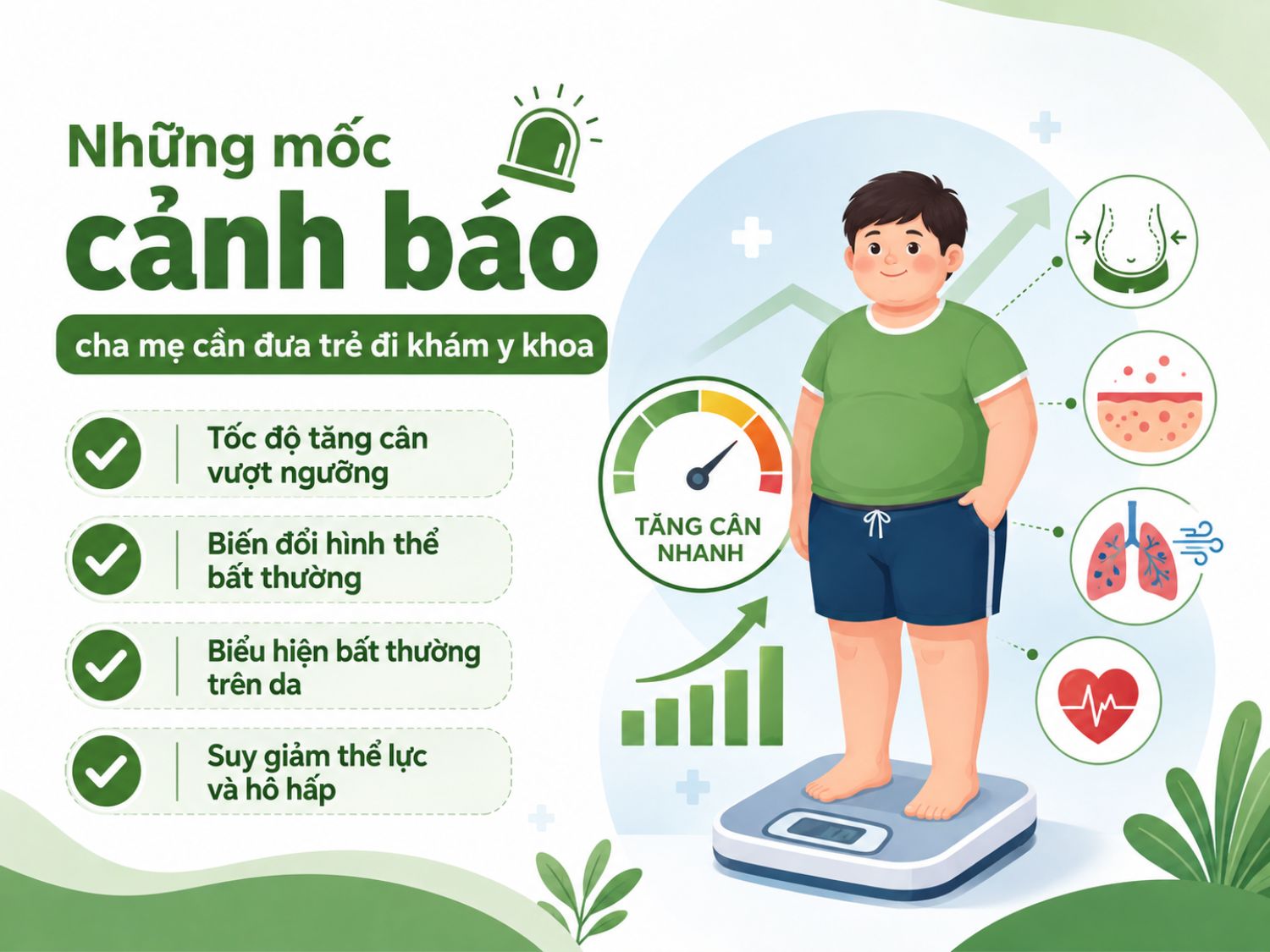 Cha mẹ nên đưa trẻ đi khám sớm khi trẻ tăng cân quá nhanh, có thay đổi hình thể bất thường, xuất hiện dấu hiệu lạ trên da hoặc suy giảm thể lực và hô hấp.