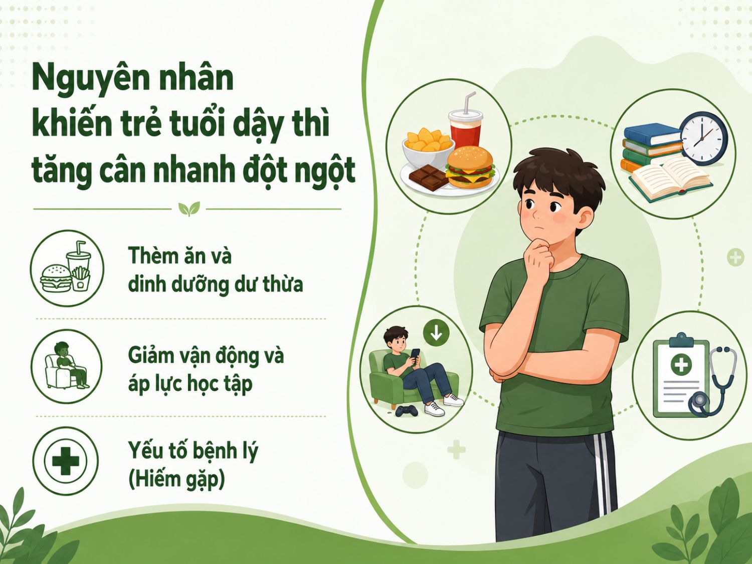 Những nguyên nhân phổ biến khiến trẻ ở tuổi dậy thì tăng cân nhanh đột ngột, từ chế độ ăn dư năng lượng, ít vận động đến một số bệnh lý cần được theo dõi.